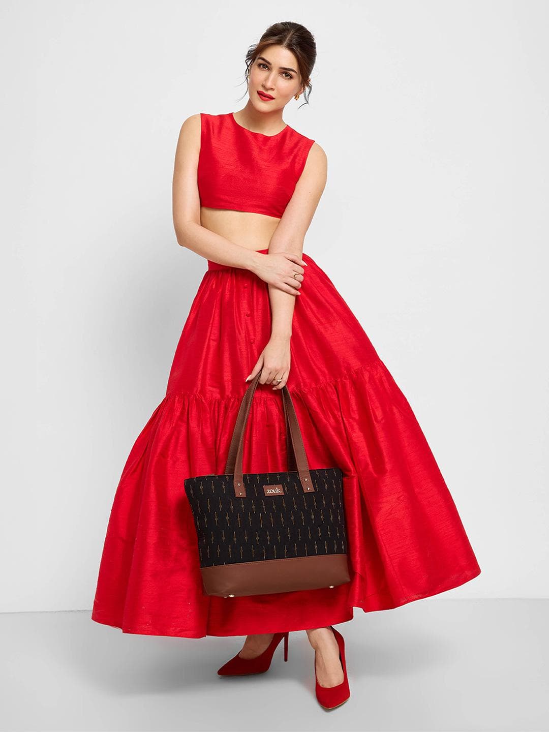 ZOUK Black & Red Geometric Structured Vegan Leather Shoulder Bag