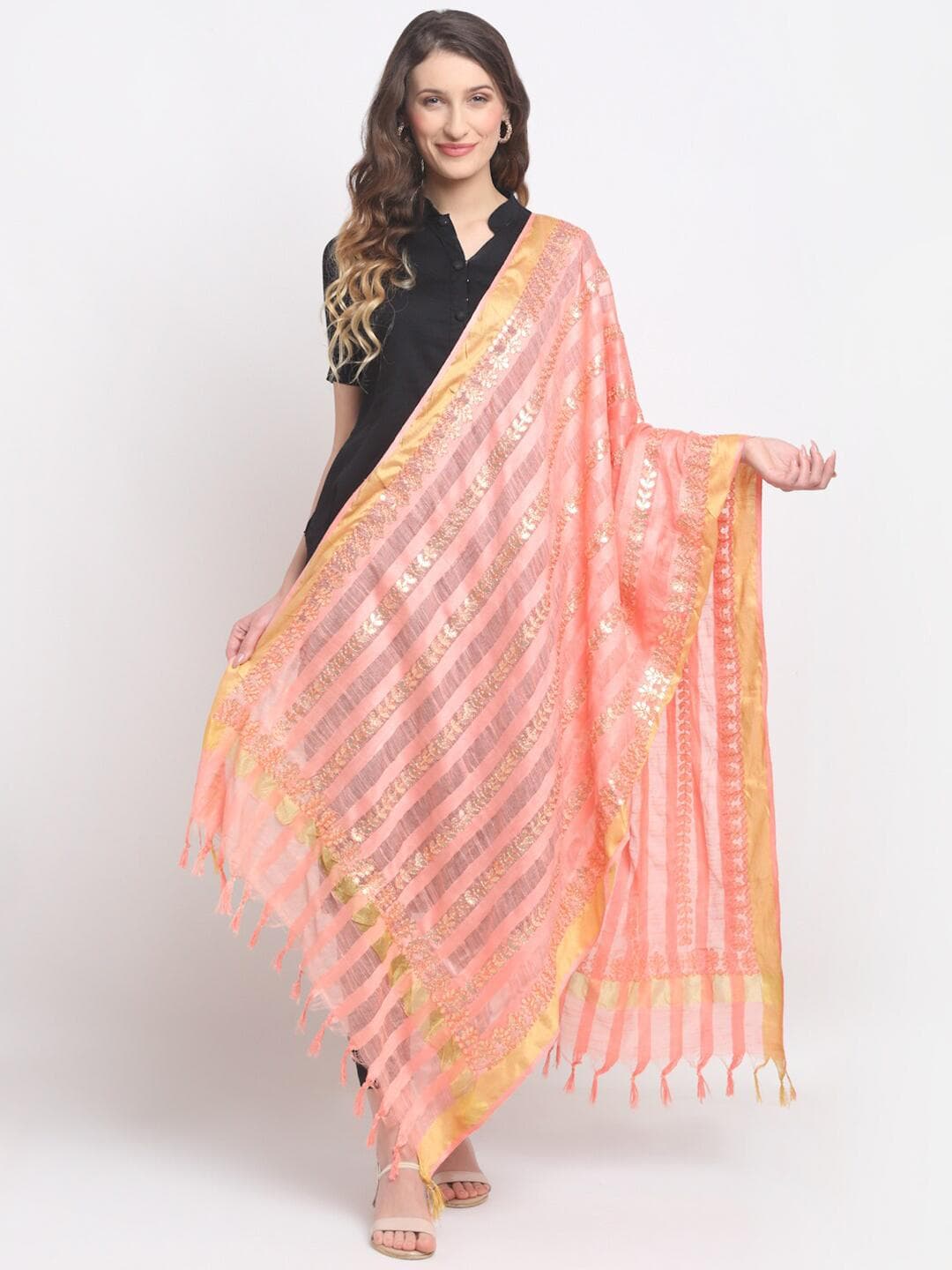 SOUNDARYA Peach-Coloured & Gold-Toned Woven Design Dupatta