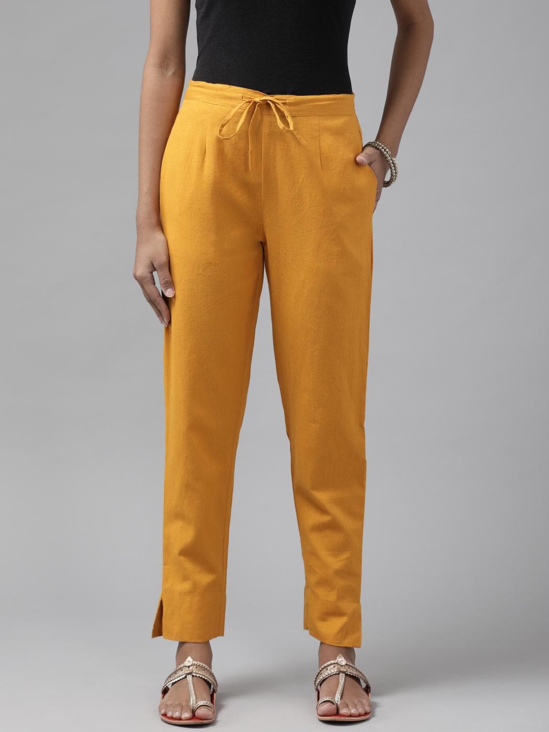 Yufta Women Mustard Yellow Slim Fit Pure Cotton Trousers