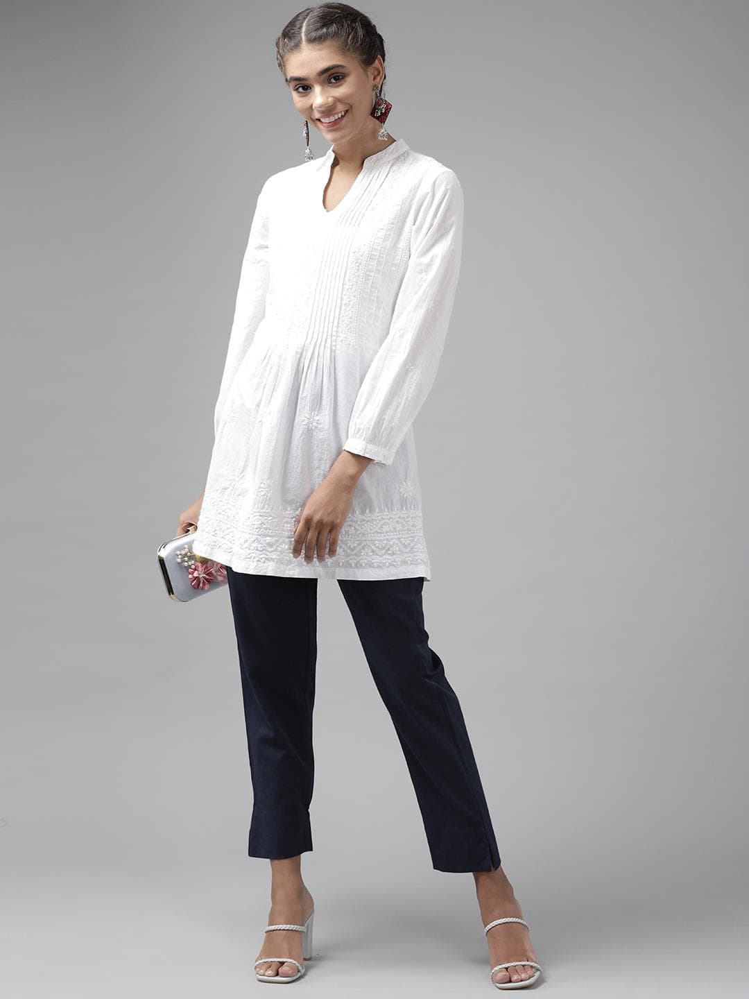 Yufta Women Navy Blue Solid Mid-Rise Cotton Trousers