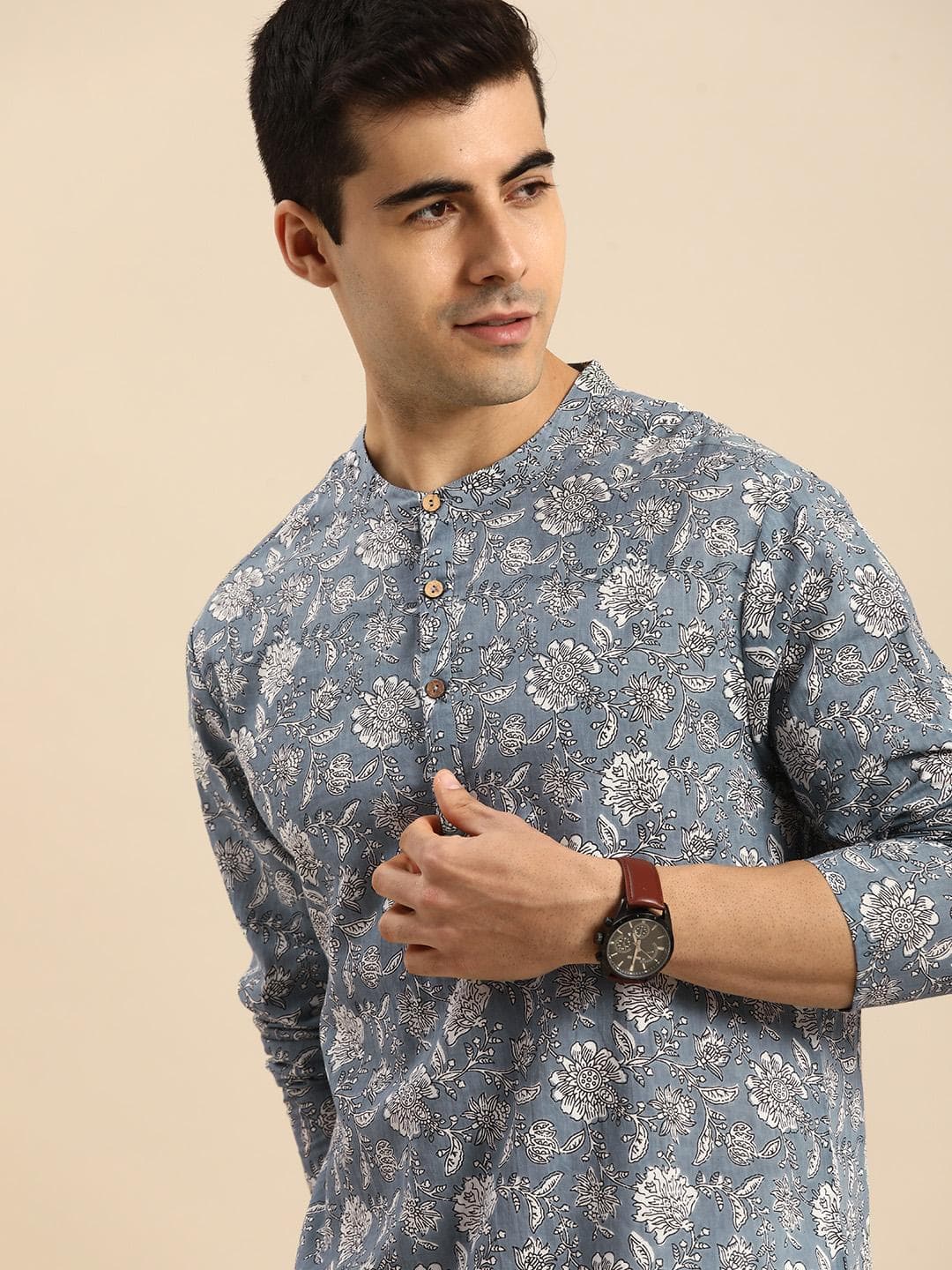 Anouk Men Grey & White Floral Printed Pure Cotton Straight Kurta