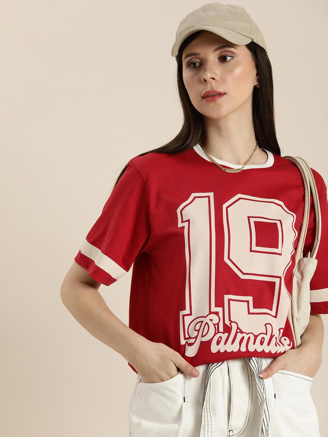DILLINGER Women Red & Beige Varsity Printed Pure Cotton Oversized T-shirt