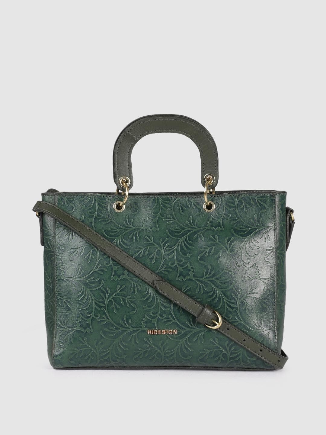 Hidesign Green Floral Textured Leather Structured Handheld Bag