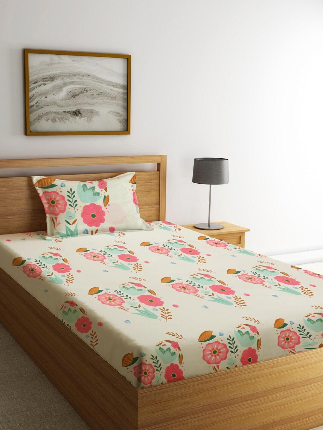 Buy KLOTTHE White Floral Polycotton 210 TC Single Bedsheet With A Pillow Cover 87 X 59 Inches - - Home for Unisex
