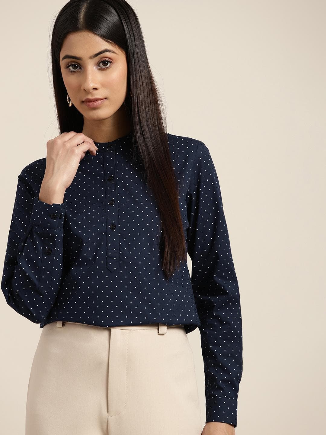 Hancock Women Navy Blue Polka Dot Printed Pure Cotton Shirt Style Formal Top