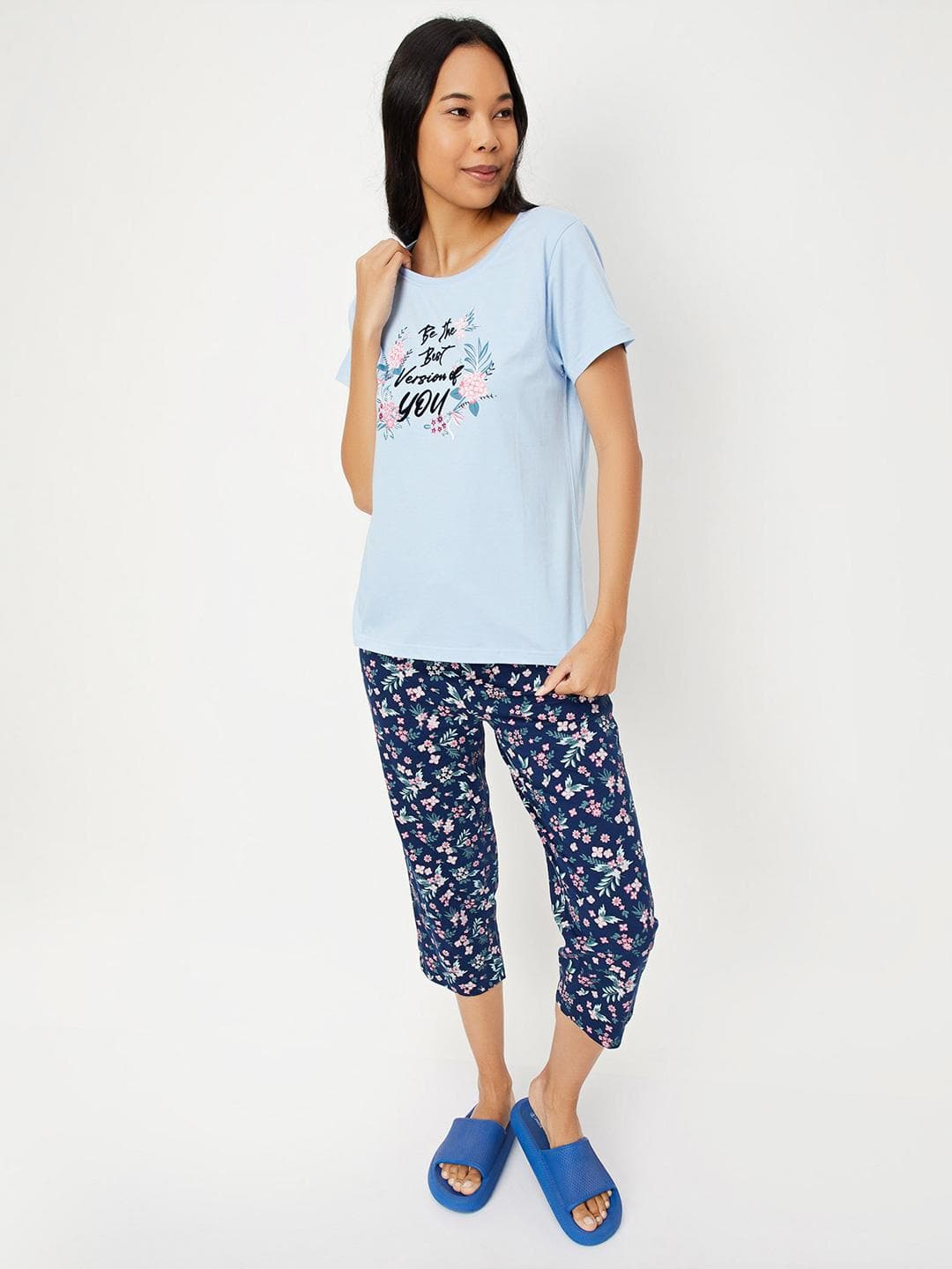 max Women Blue & White Printed Cotton Night suit