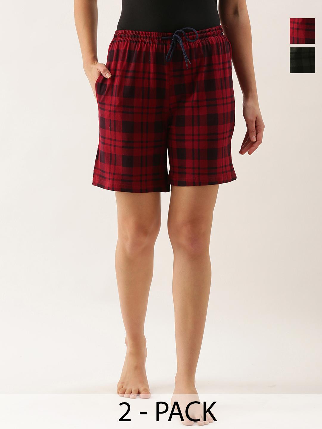Buy Kryptic Women Pack Of 2 Maroon & Olive Green 2 Checked Lounge Shorts - - Apparel for Women