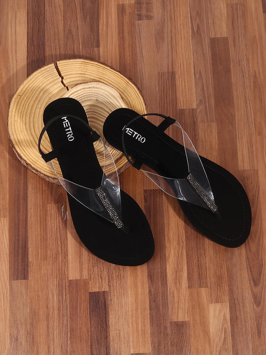 Metro Women Black Embellished T-Strap Sandals