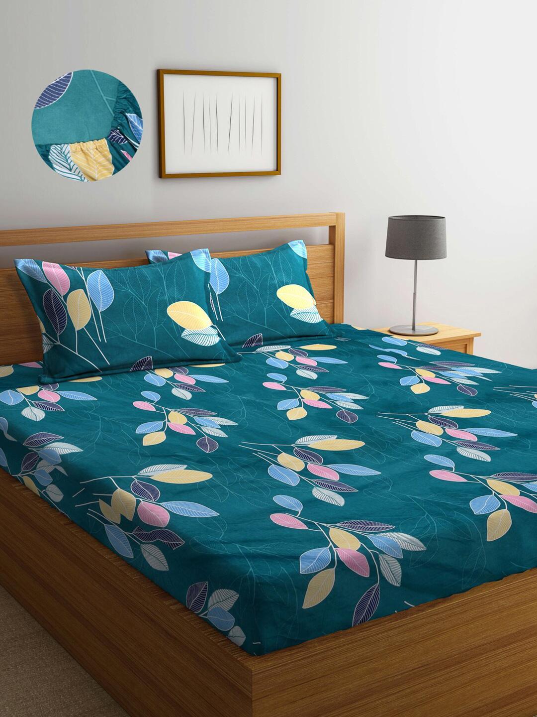 Buy Arrabi Green Leaf Cotton 300 TC Fitted Super King Fine Bedsheet With 2 Pillow Covers 274 X 274 Cm - - Home for Unisex
