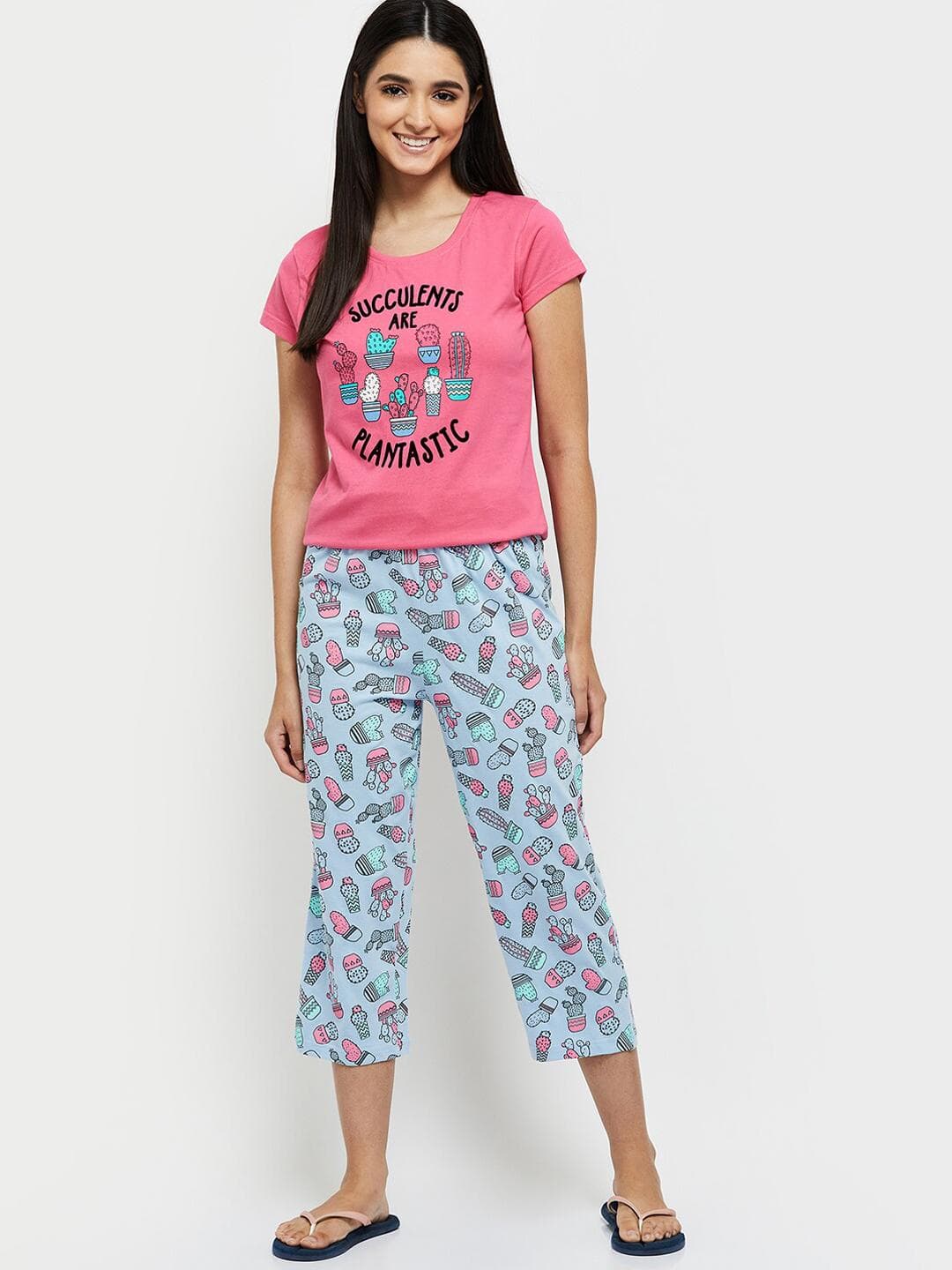 max Women Pink & Blue Printed Night suit