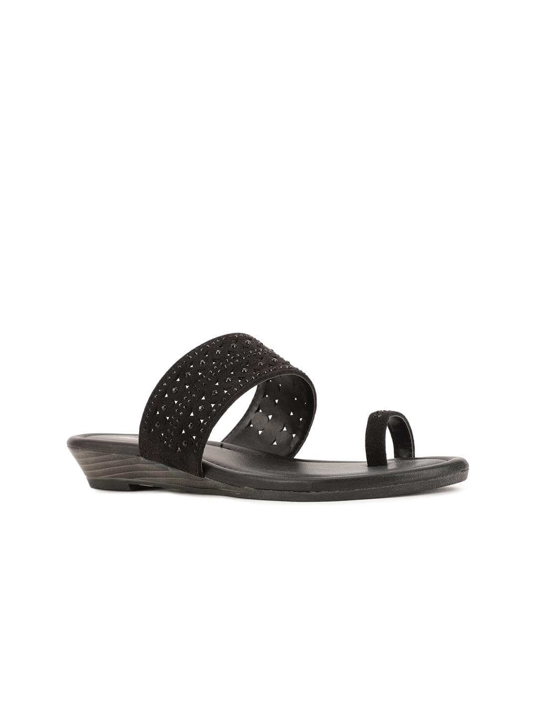 Bata Women Black Embellished One Toe Flats with Laser Cuts