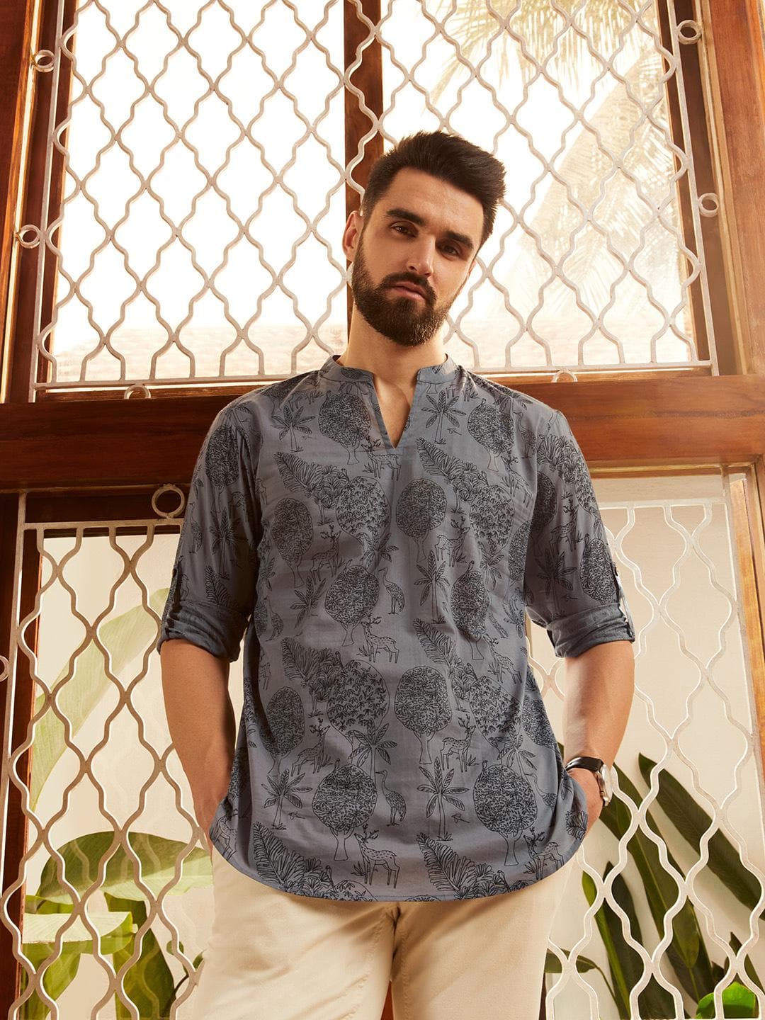 Anouk Men Grey Quirky Printed Cotton Short Kurta