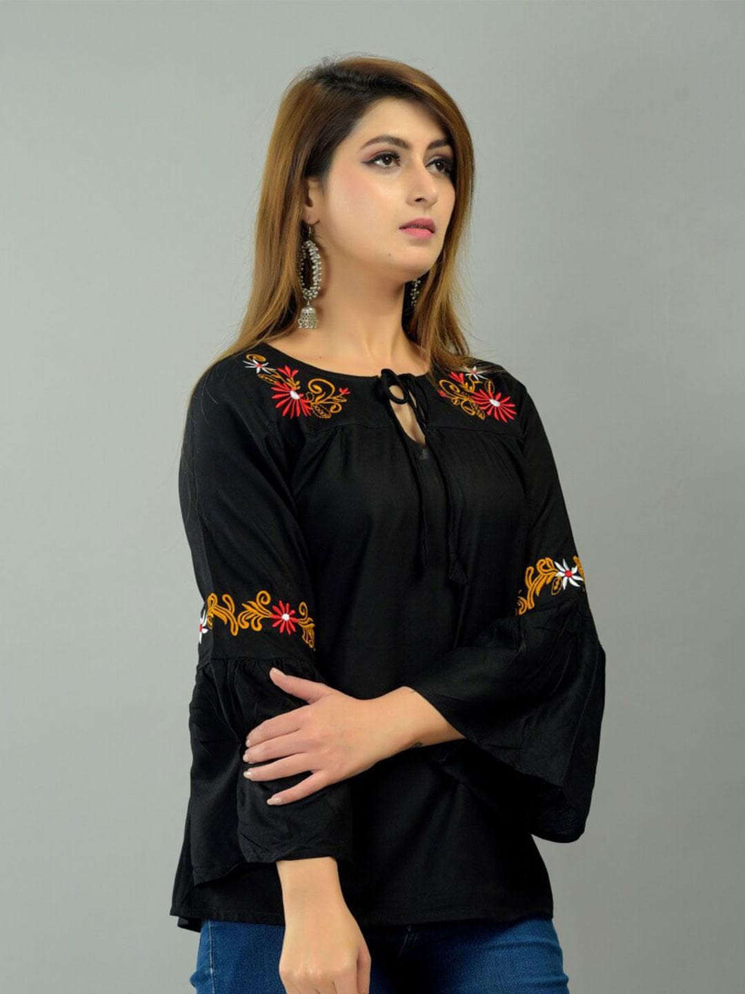 IQRAAR Black Tie-up Neck Bell Sleeve Top