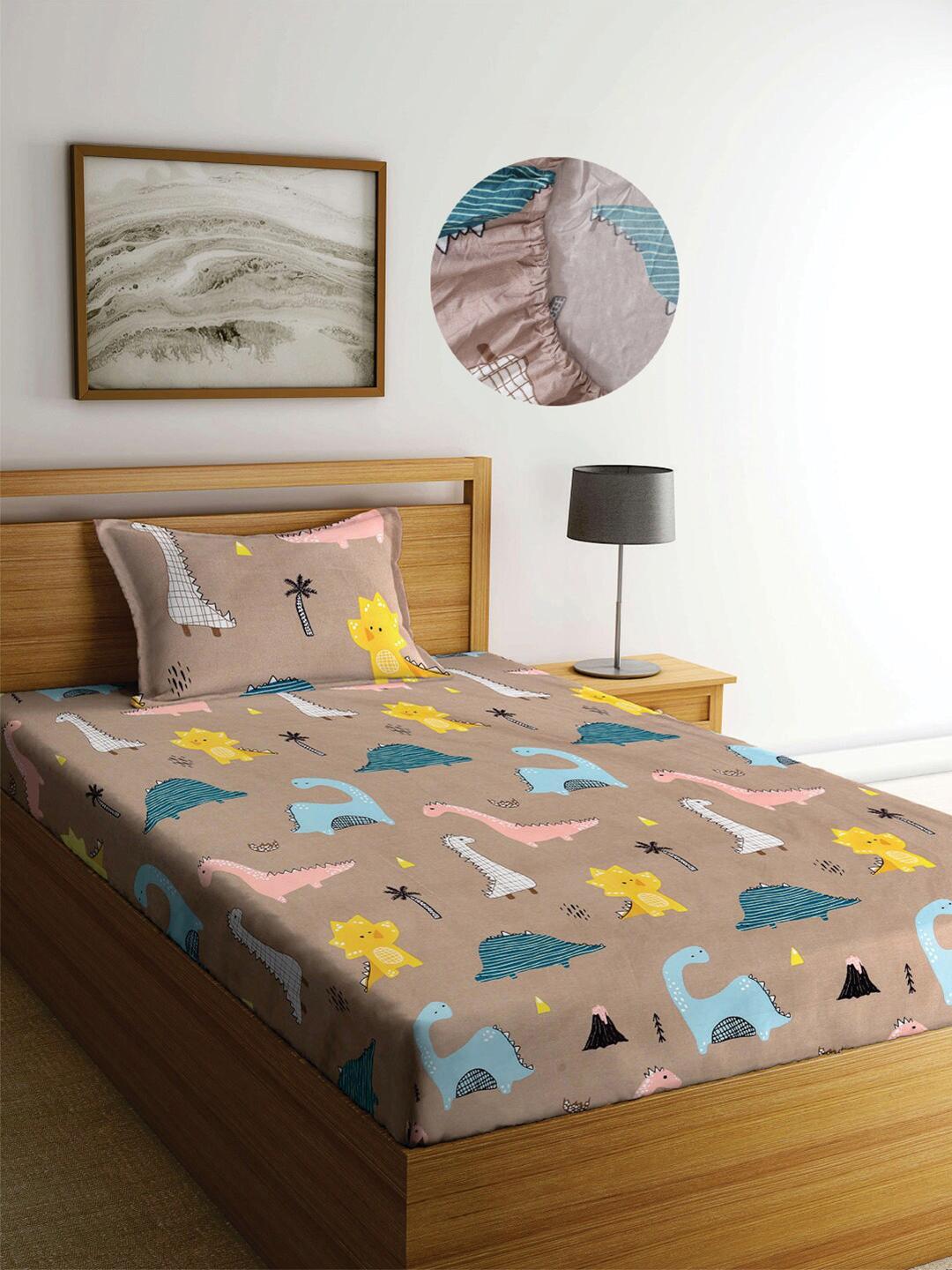 Buy KLOTTHE Brown Cartoon Characters Polycotton 300 TC Fitted Single Fine Bedsheet With A Pillow Cover 87 X 59 Inches - - Home for Unisex Kids