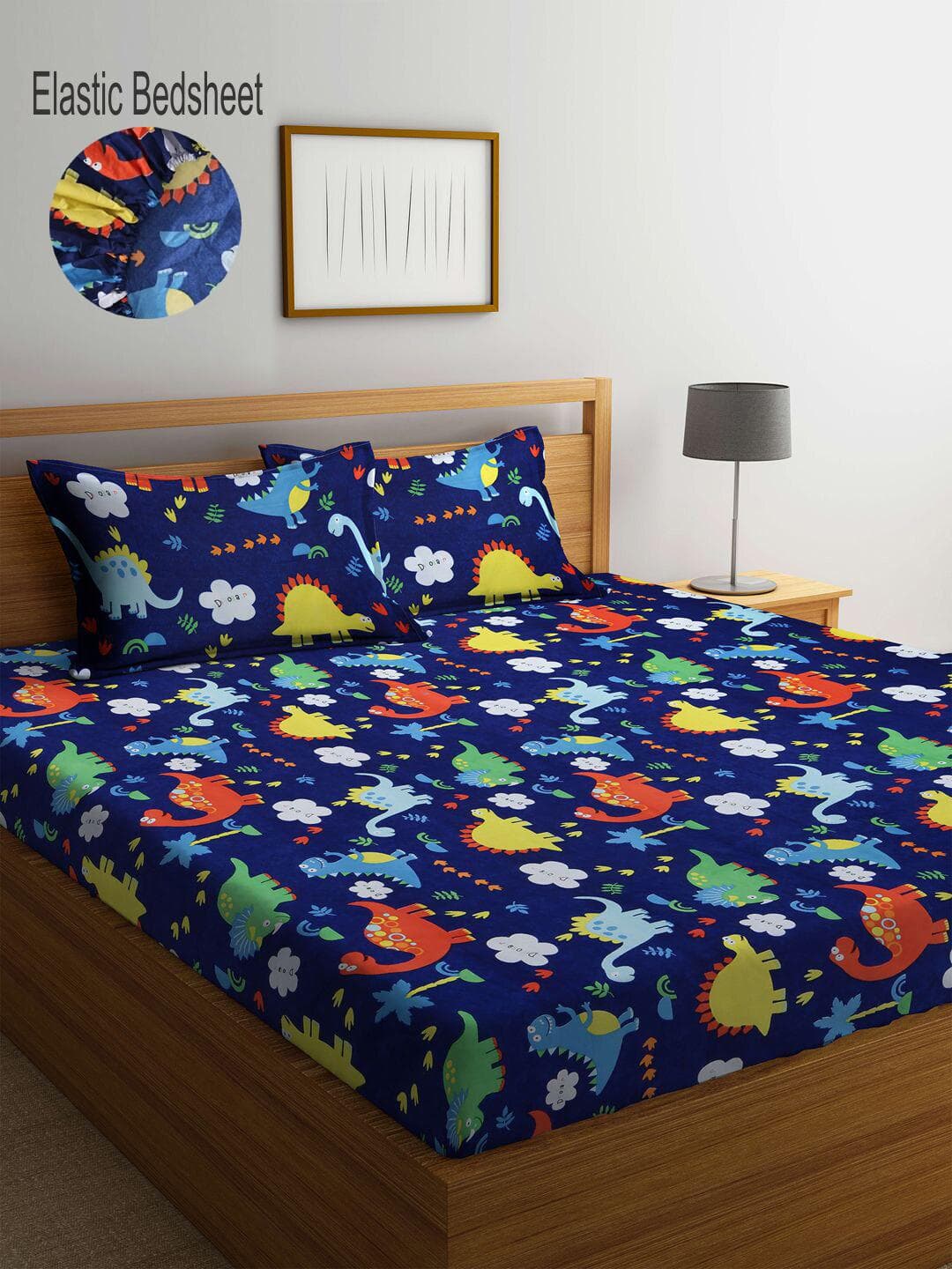 Buy KLOTTHE Blue Printd Polycotton 300 TC Fitted King Bedsheet With 2 Pillow Covers 98