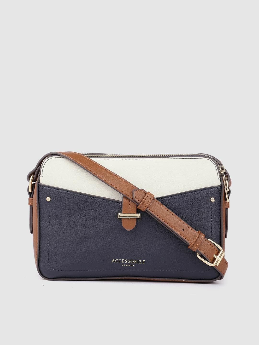 Accessorize Women Navy Blue Colourblocked PU Structured Sling Bag
