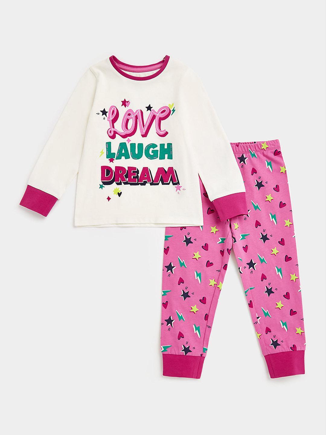 Buy Mothercare Girls White & Pink Printed Pure Cotton T Shirt With Pyjamas - - Apparel for Girls