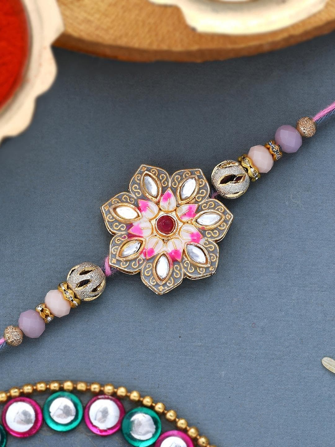 Buy Meenakari Kundan Embellished Pink Floral Enameled Rakhi | Voylla - - Accessories for Men