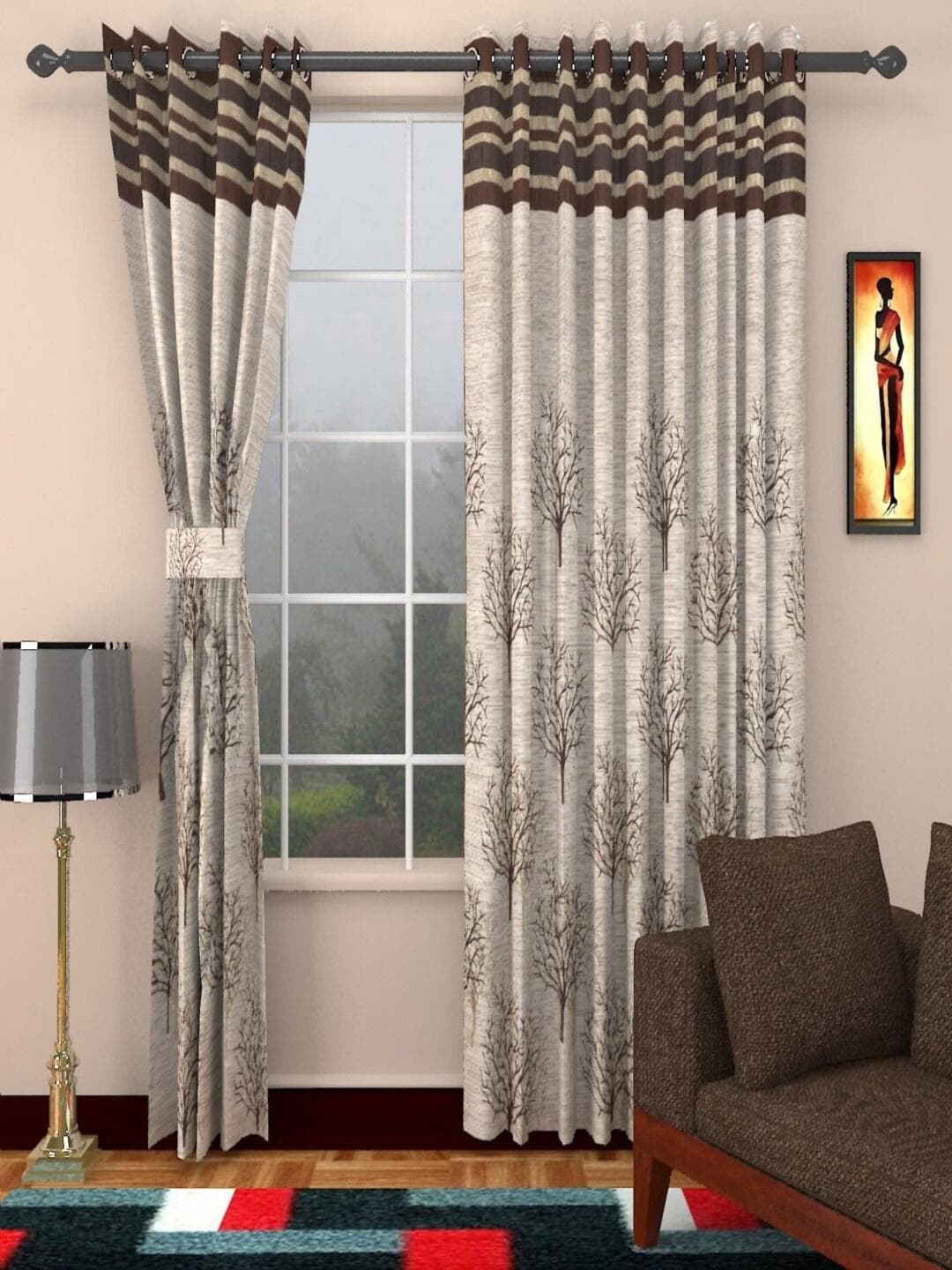 Homefab India Brown & Beige Set of 2 Floral Room Darkening Window Curtain