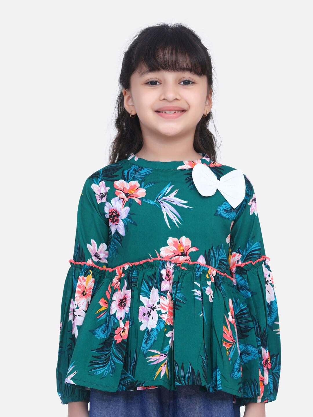 Cutiekins Girls Green Floral Print Crepe Empire Top