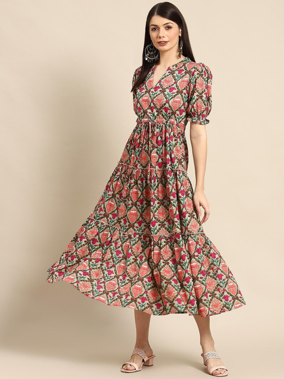 Buy Anayna Green & Pink Ethnic Motifs Printed Tiered Pure Cotton A Line Midi Dress - - Apparel for Women