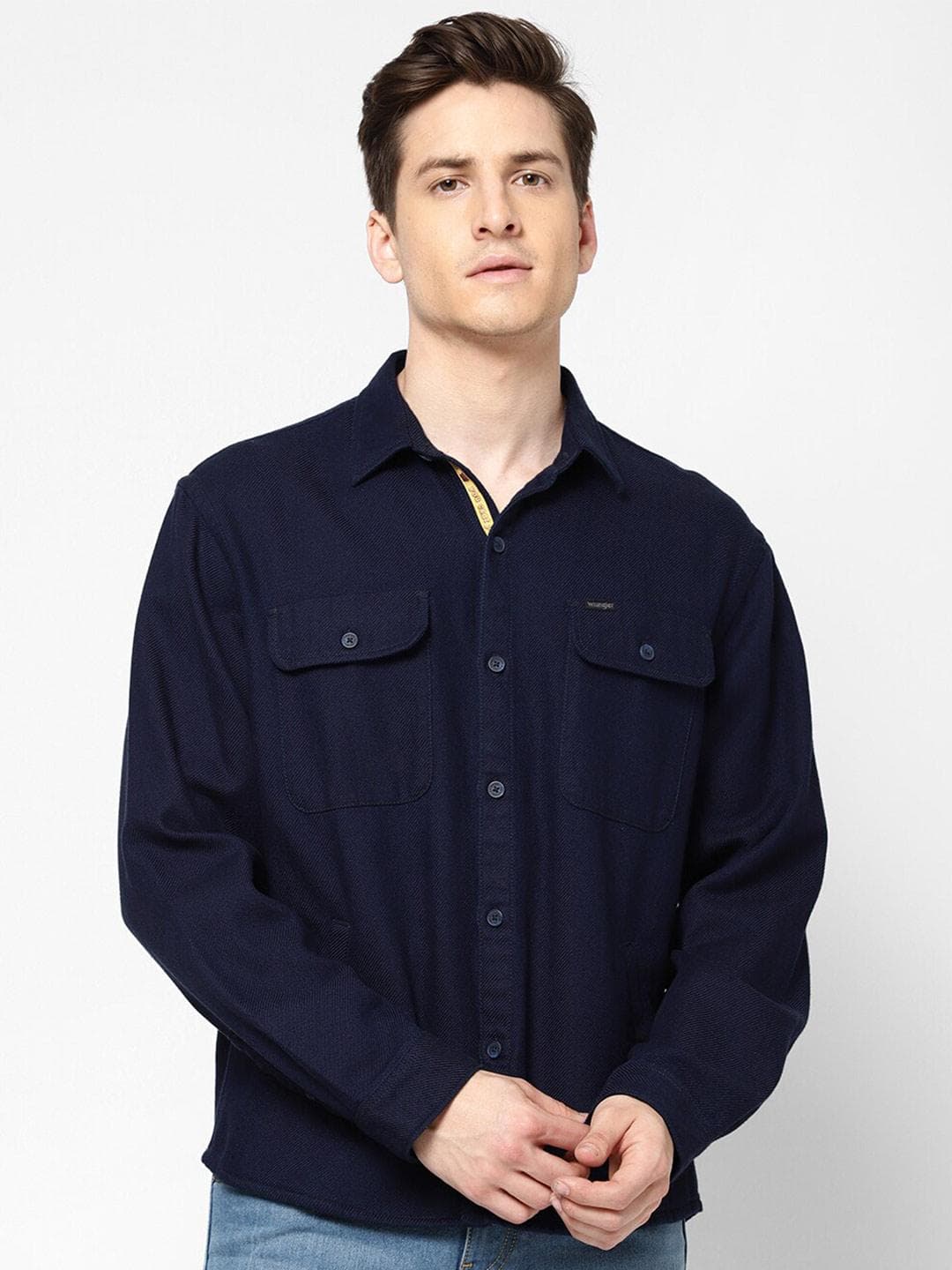 Wrangler Men Navy Blue Solid Casual Shirt