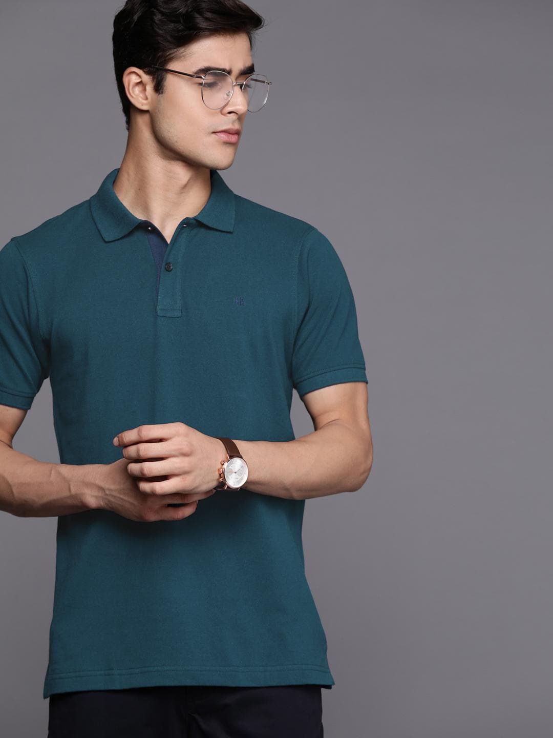 Raymond Men Teal Blue Solid Polo Collar Pure Cotton T-shirt