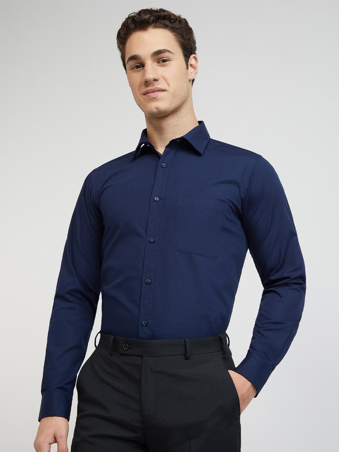 Raymond Men Navy Blue Solid Slim Fit Pure Cotton Formal Shirt