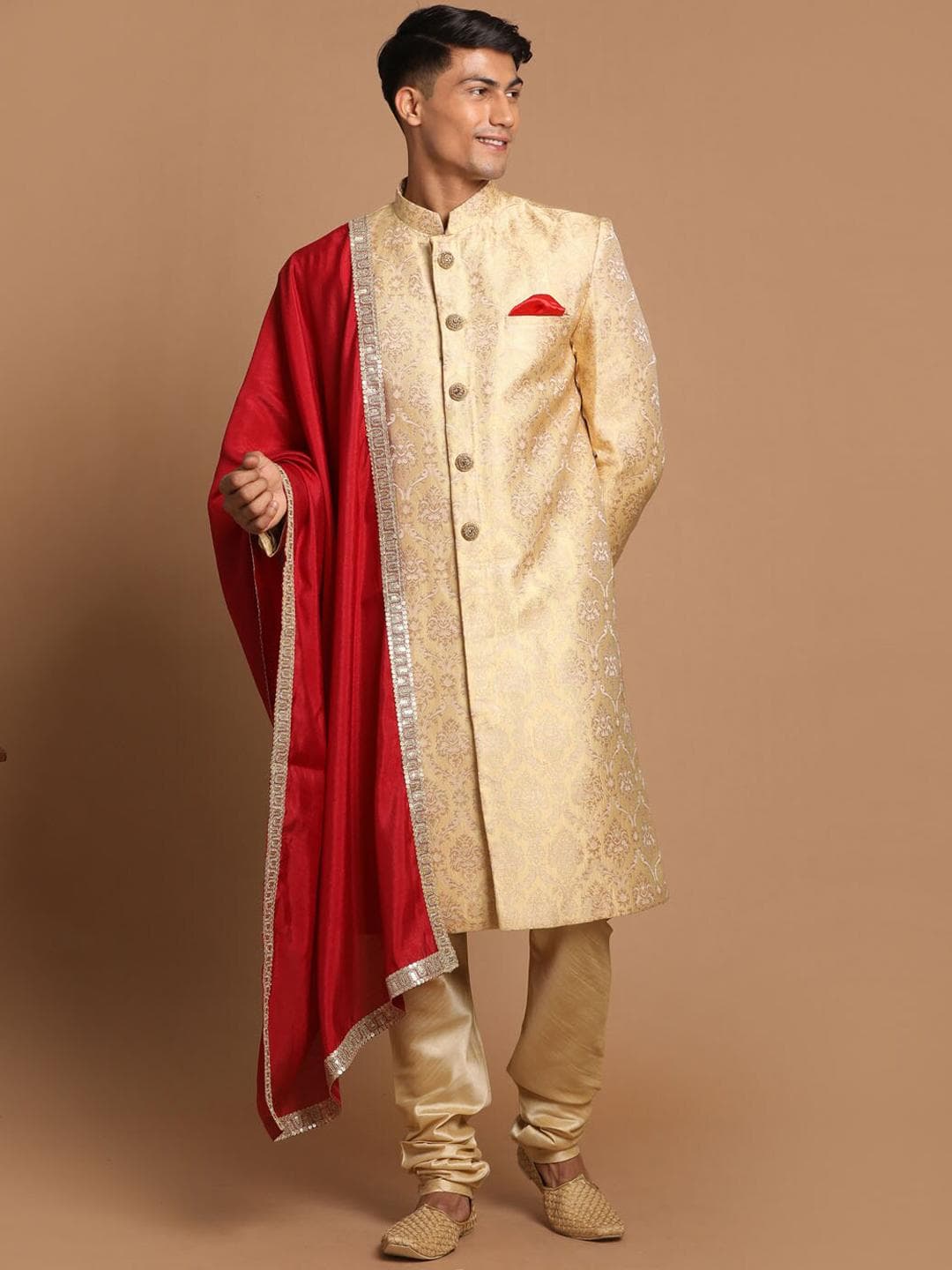 VASTRAMAY Men Red & Cream Woven Design Sherwani Set