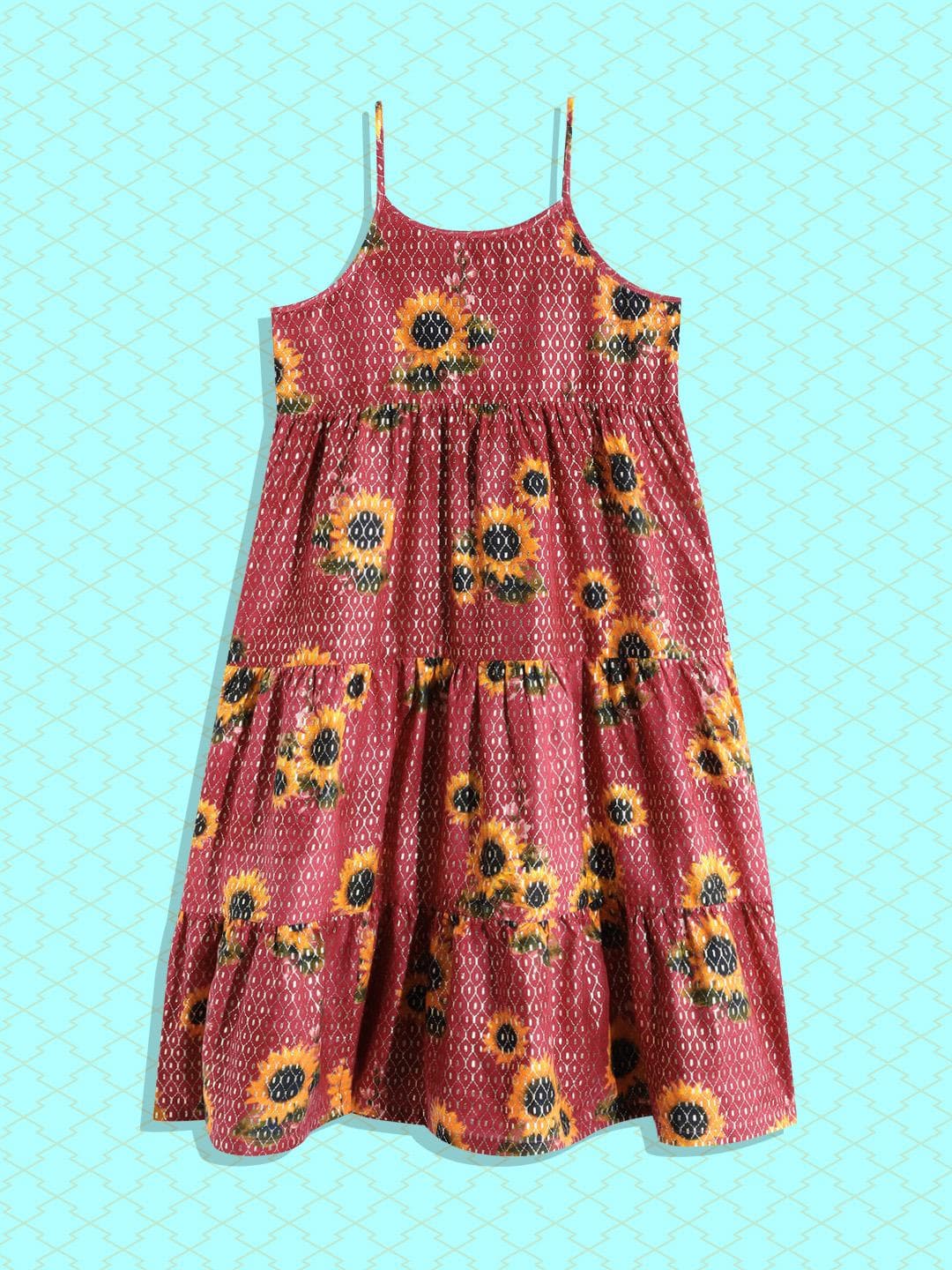 Biba Girls Pink & Golden Floral Print Tiered Pure Cotton Anarkali Kurta