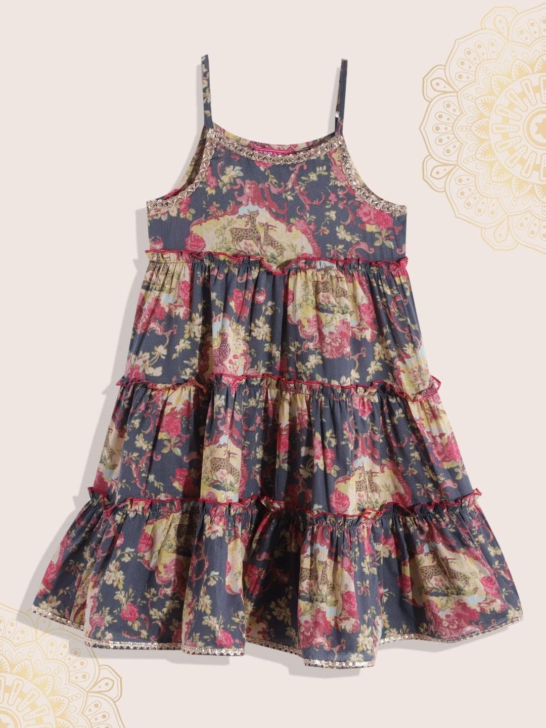 Biba Girls Blue & Pink Floral Printed Tiered Pure Cotton Anarkali Kurta