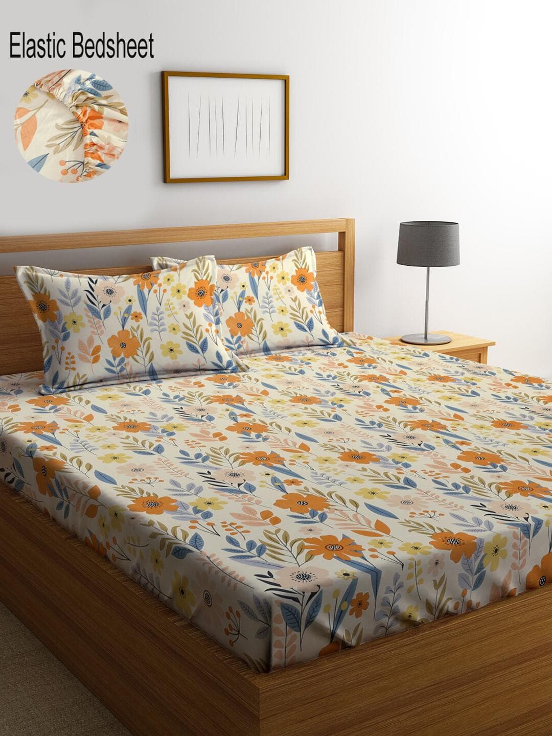 Buy KLOTTHE Floral 300 TC Cotton Blend Fitted Double Super King Bedsheet With 2 Pillow Covers - - Home for Unisex