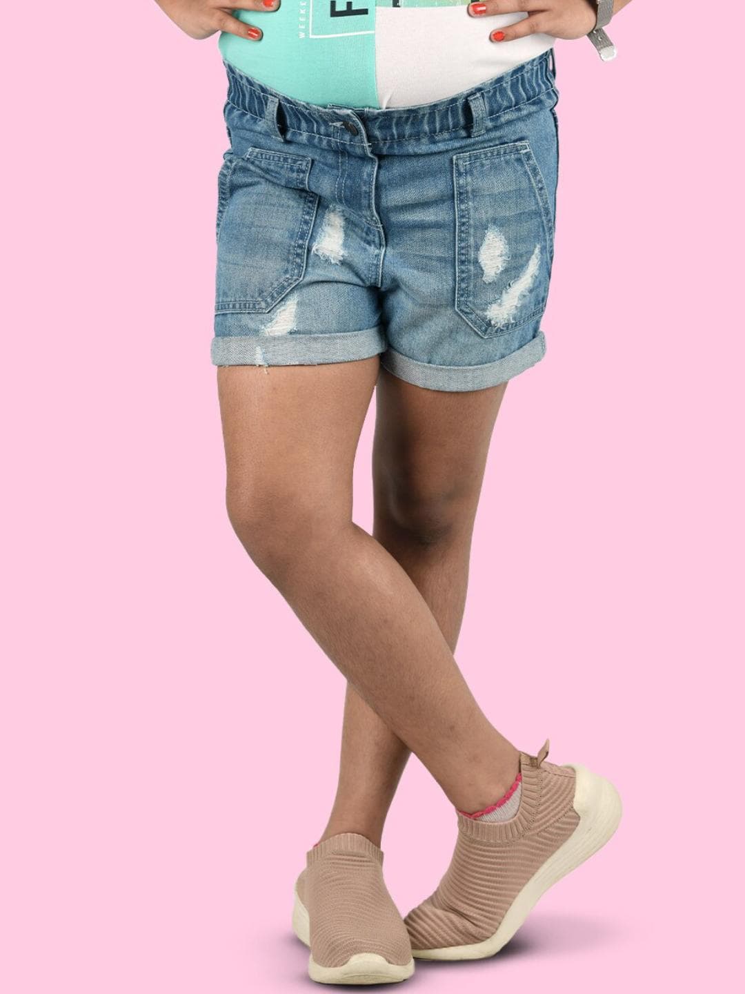 Zalio Girls Blue Mid Rise Washed Denim Short