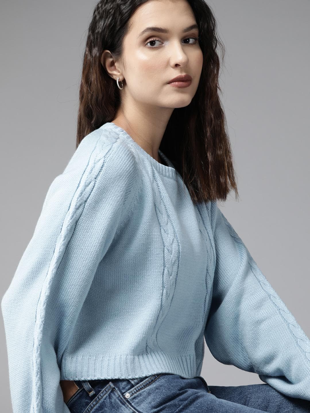 Roadster Women Blue Cable Knit Pullover