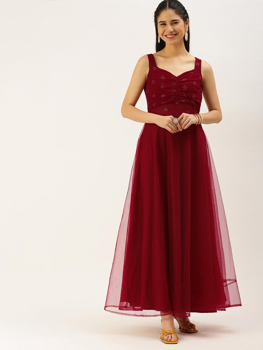 Buy Ethnovog Maroon Sequined Detail Net Maxi Ethnic Dress - - Apparel for Women