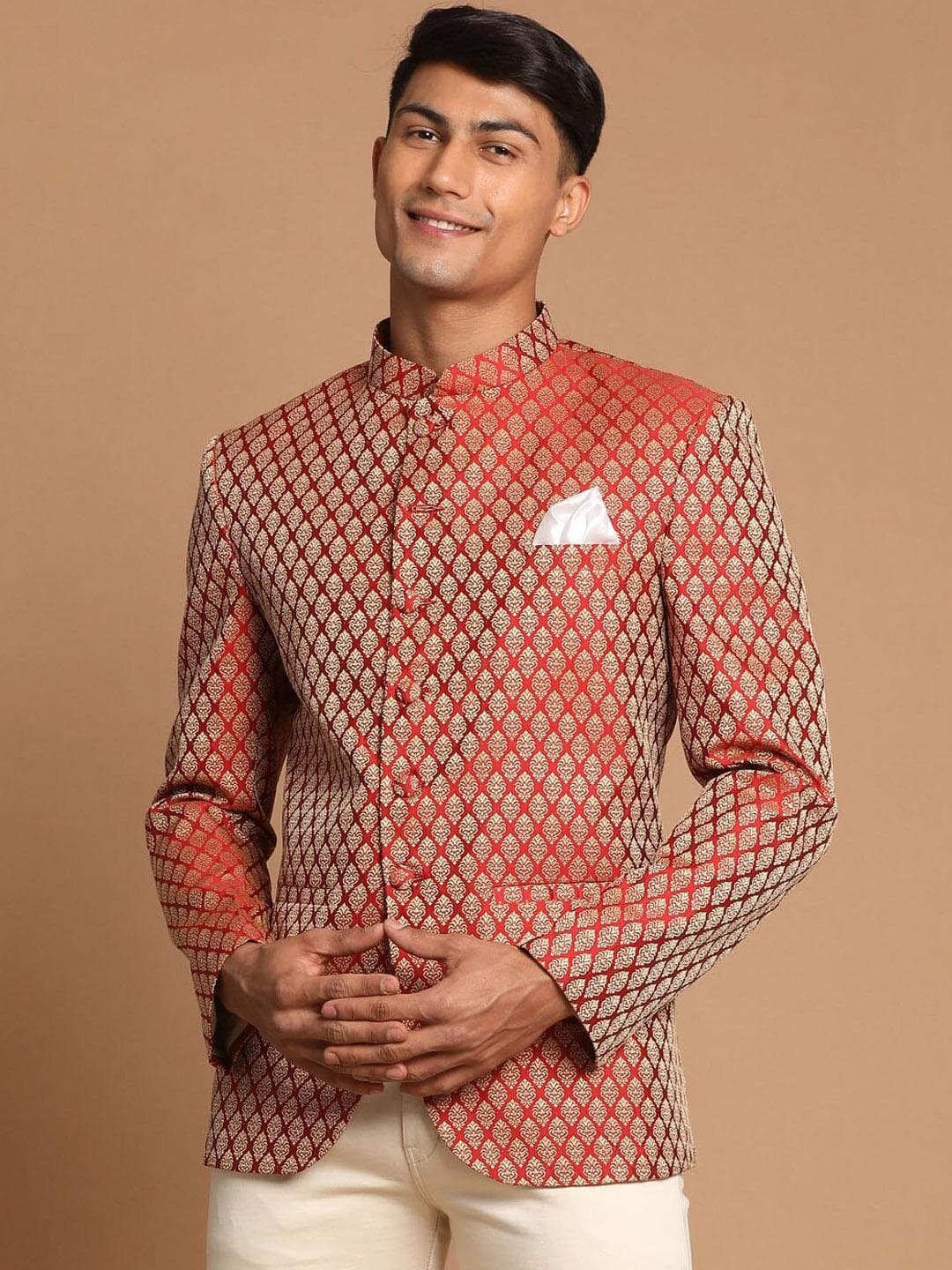 VASTRAMAY Men Maroon Self-Design Slim-Fit Bandhgala Blazer