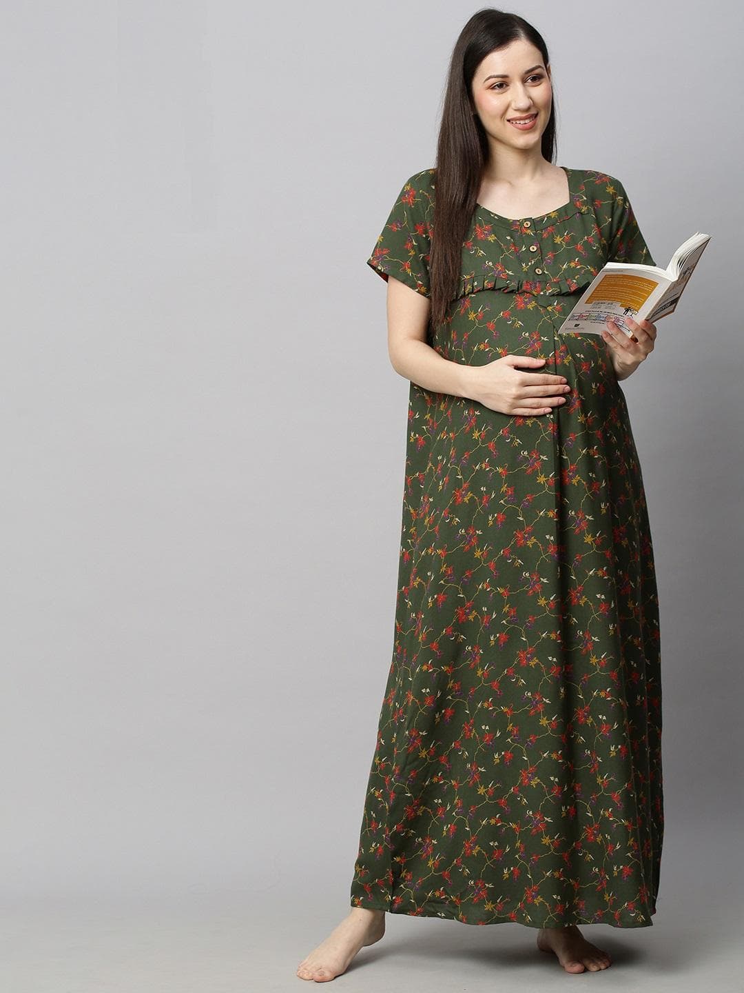 MomToBe Green Printed Maxi Maternity Cotton Nightdress