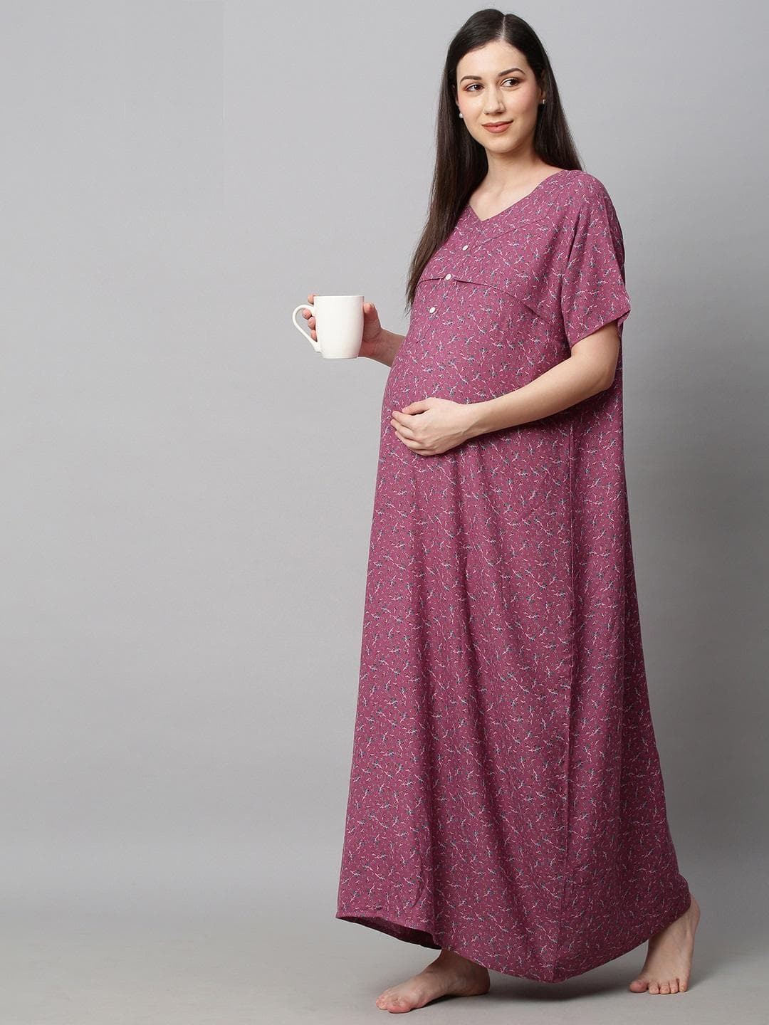MomToBe Purple Printed Maxi Maternity Sustainable Nightdress