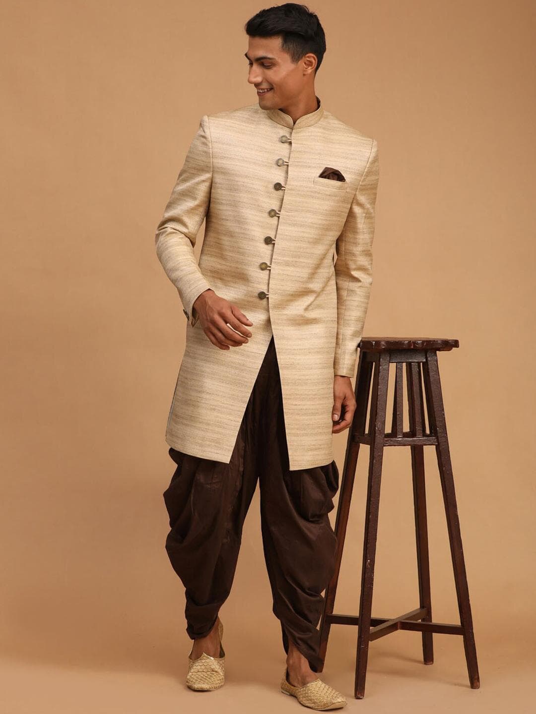 VASTRAMAY Men Beige & Brown Striped Slim Fit Sherwani Set