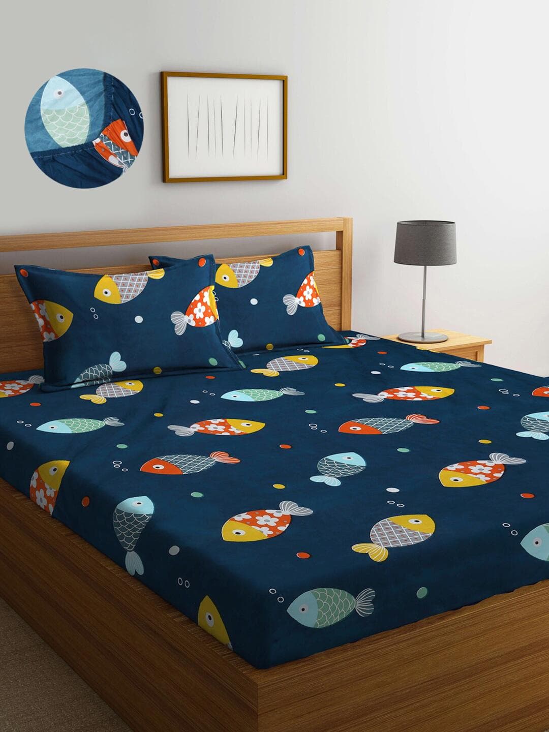 KLOTTHE Jersey Navy Blue Conversational Polycotton 300 TC Fitted King Fine Bedsheet with 2 Pillow Covers-98 x 89 inches