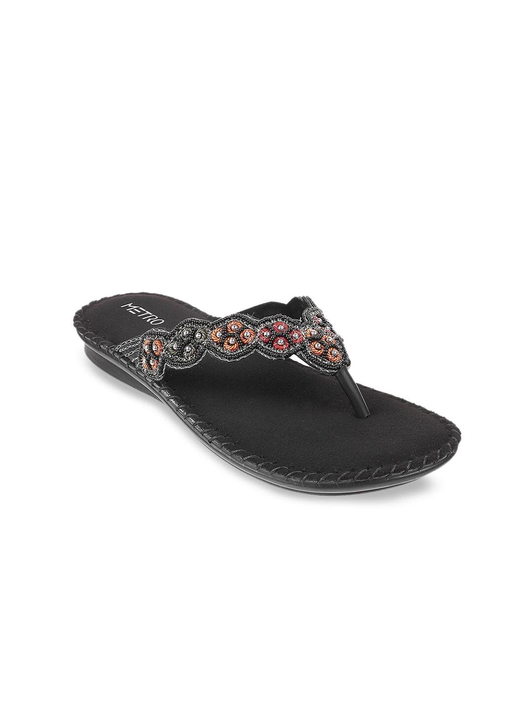 Metro Women Black Gold-Toned Embellished Open Toe Flats