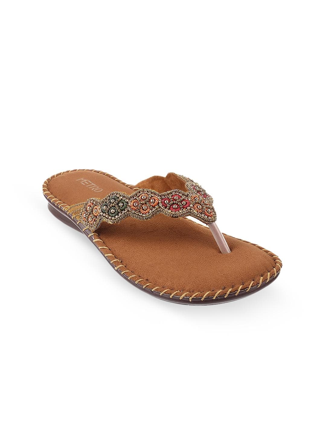 Metro Women Brown Gold-Toned Embellished Open Toe Flats