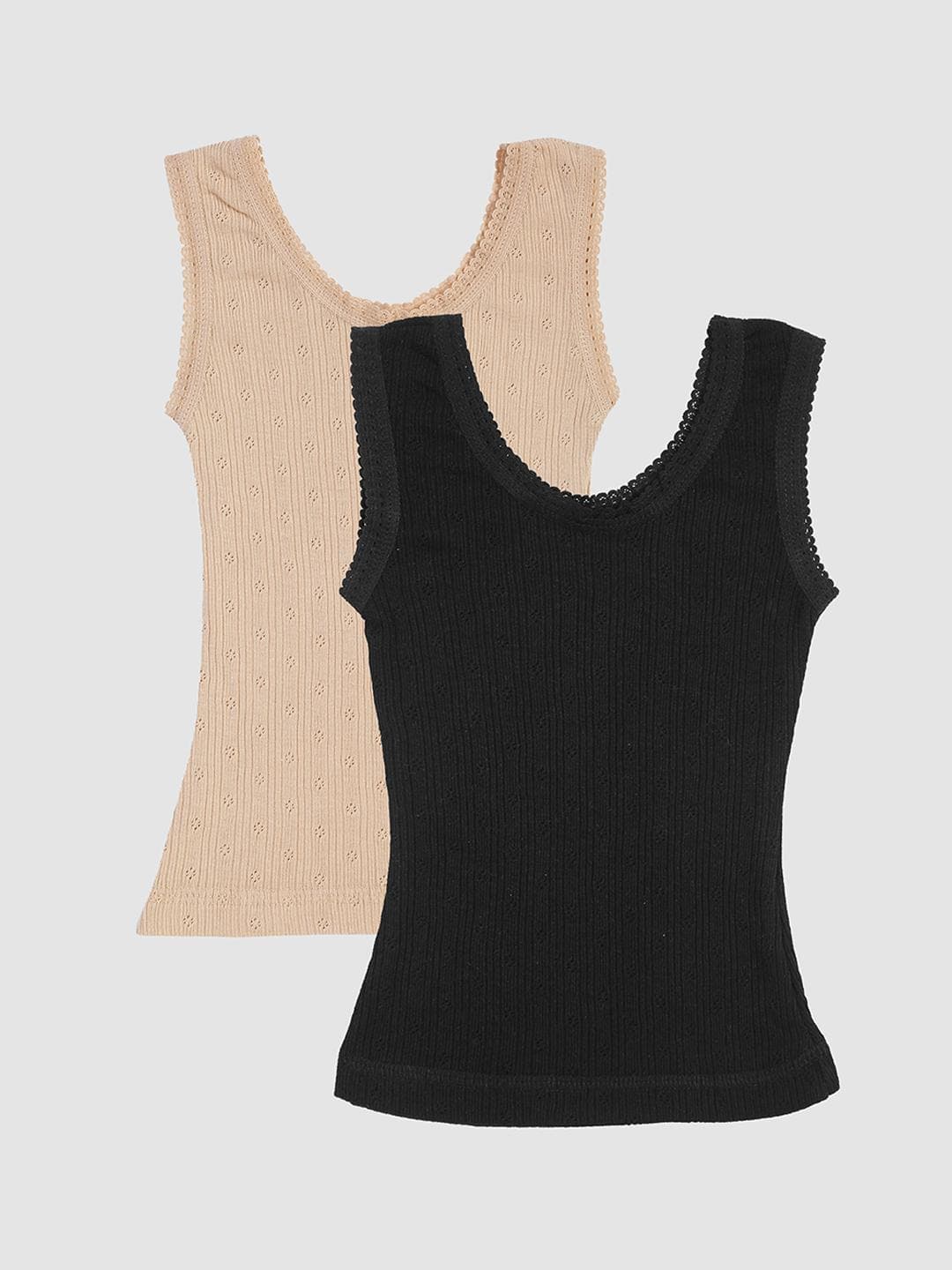 Kanvin Girls Pack Of 2 Beige & black Ribbed Cotton Thermal Tops