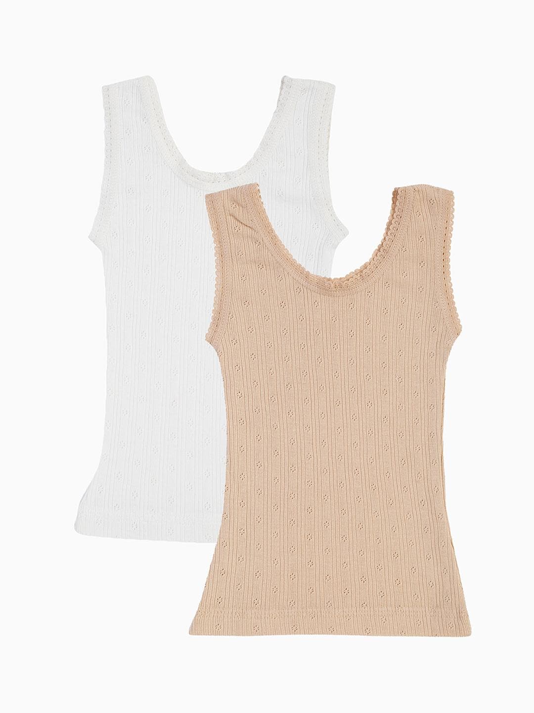 Kanvin Girls Pack Of 2 White & Beige Ribbed Cotton Thermal Tops