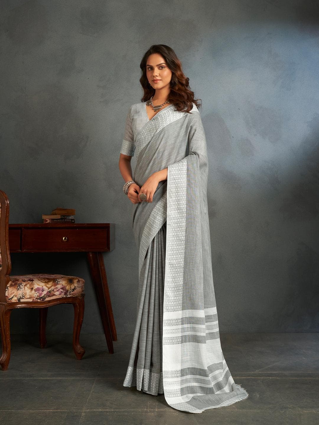 elora Dove Grey Soft Linen Silk Saree With Chikankari Weaved Border