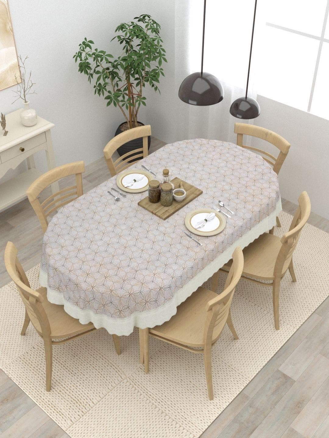 Clasiko Beige & White Geometric Printed Anti Slip Oval 6 Seater Table Cover