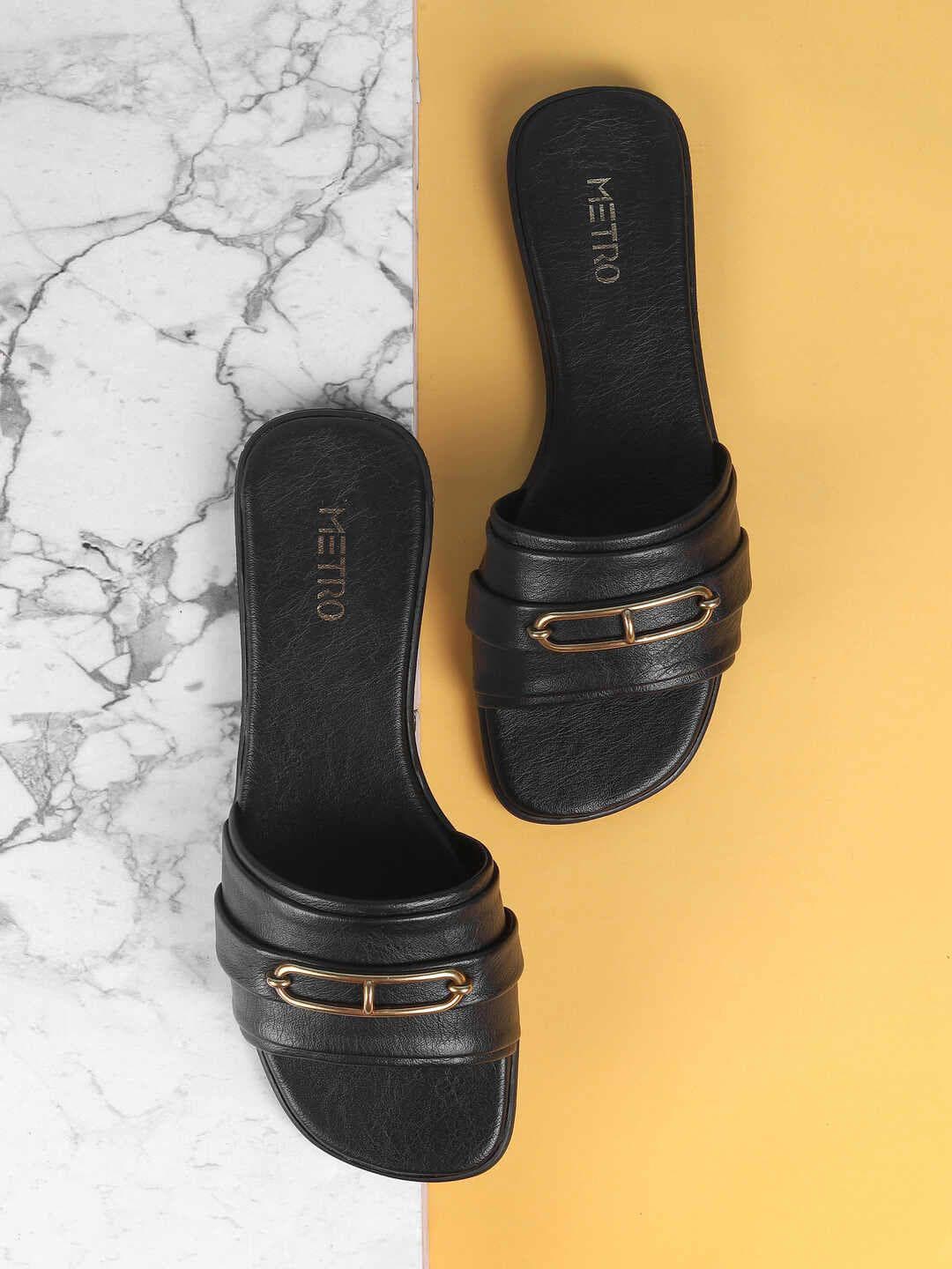 Metro Womens Black Embellished Open Toe Flats