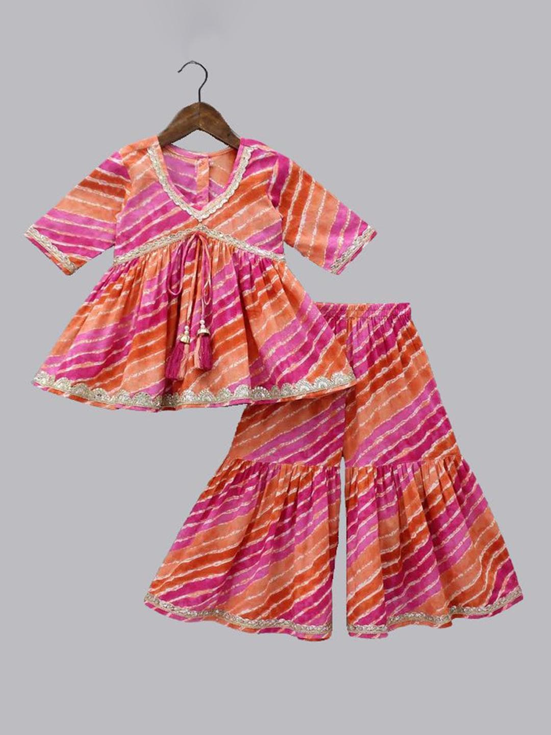 BAESD Girls Leheriya Printed Regular Gotta Patti Anarkali Kurti with Sharara
