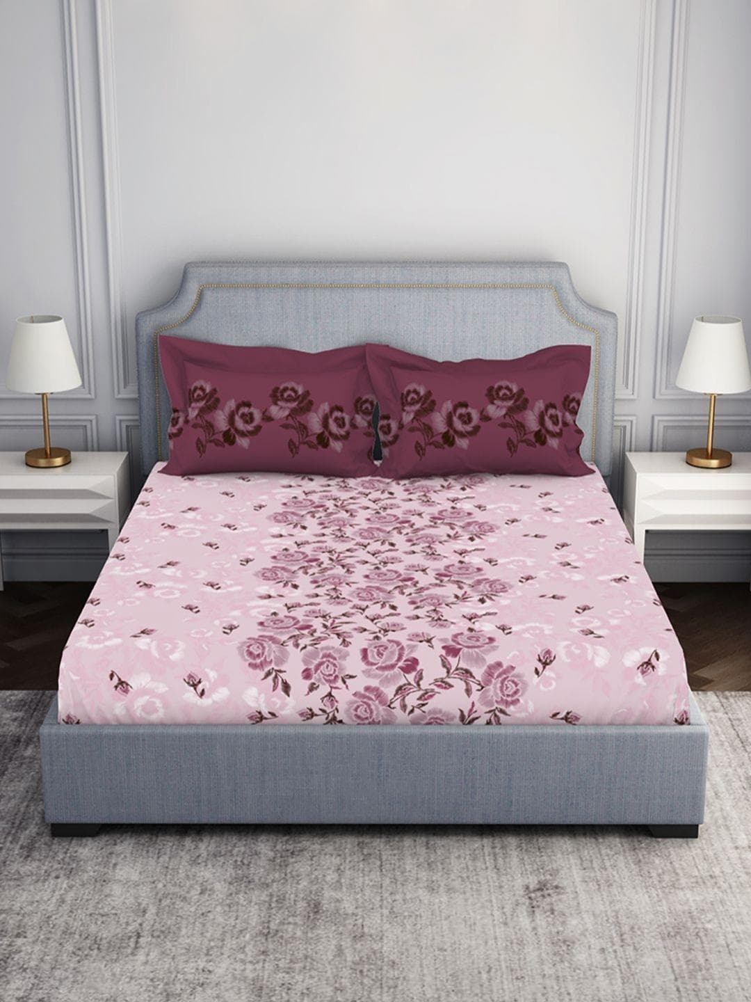 SPACES Pink Floral Pure Cotton 144 TC Queen Bedsheet with 2 Pillow Covers-254 x 224 cm