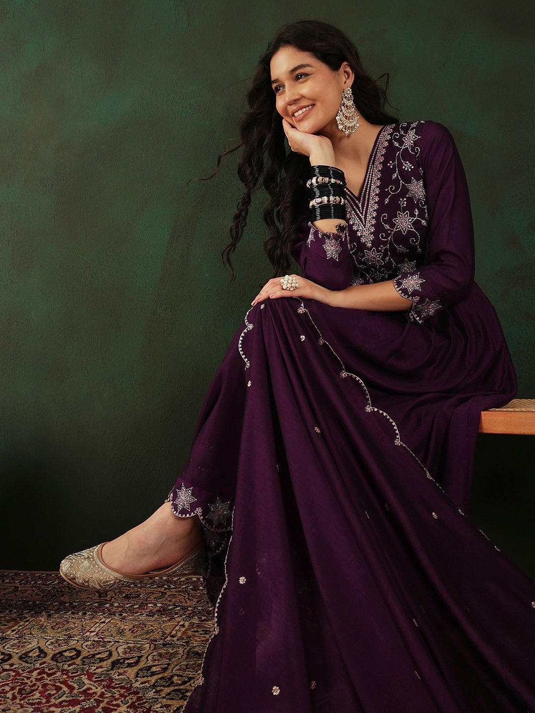 Sangria Magenta Floral Embroidered Zari Anarkali Kurta With Trouser & Dupatta